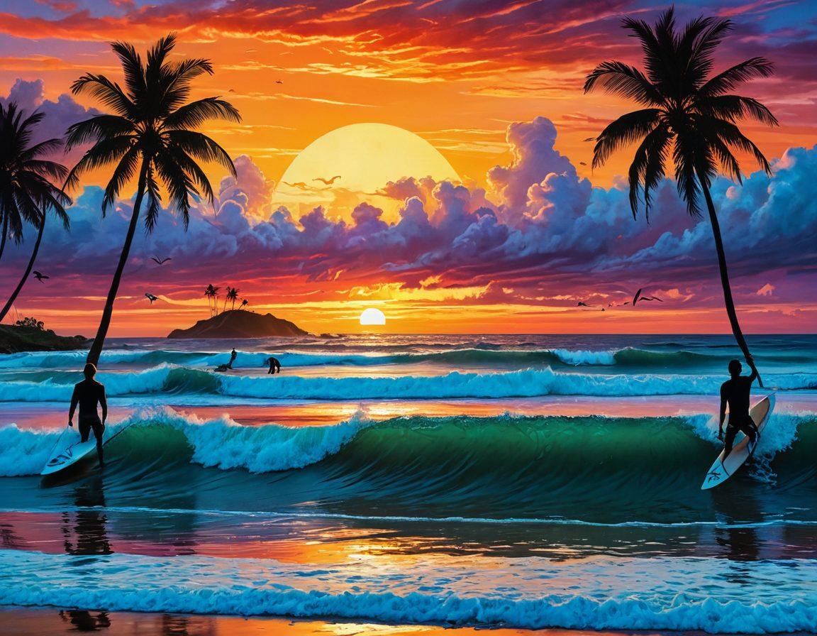 A surreal landscape showcasing diverse surf spots from local beaches to exotic global locations, featuring a colorful sunset over the ocean, surfers riding majestic waves, palm trees swaying in the breeze, and cultural elements from various countries integrated into the scenery. super-realistic. vibrant colors. dynamic composition.