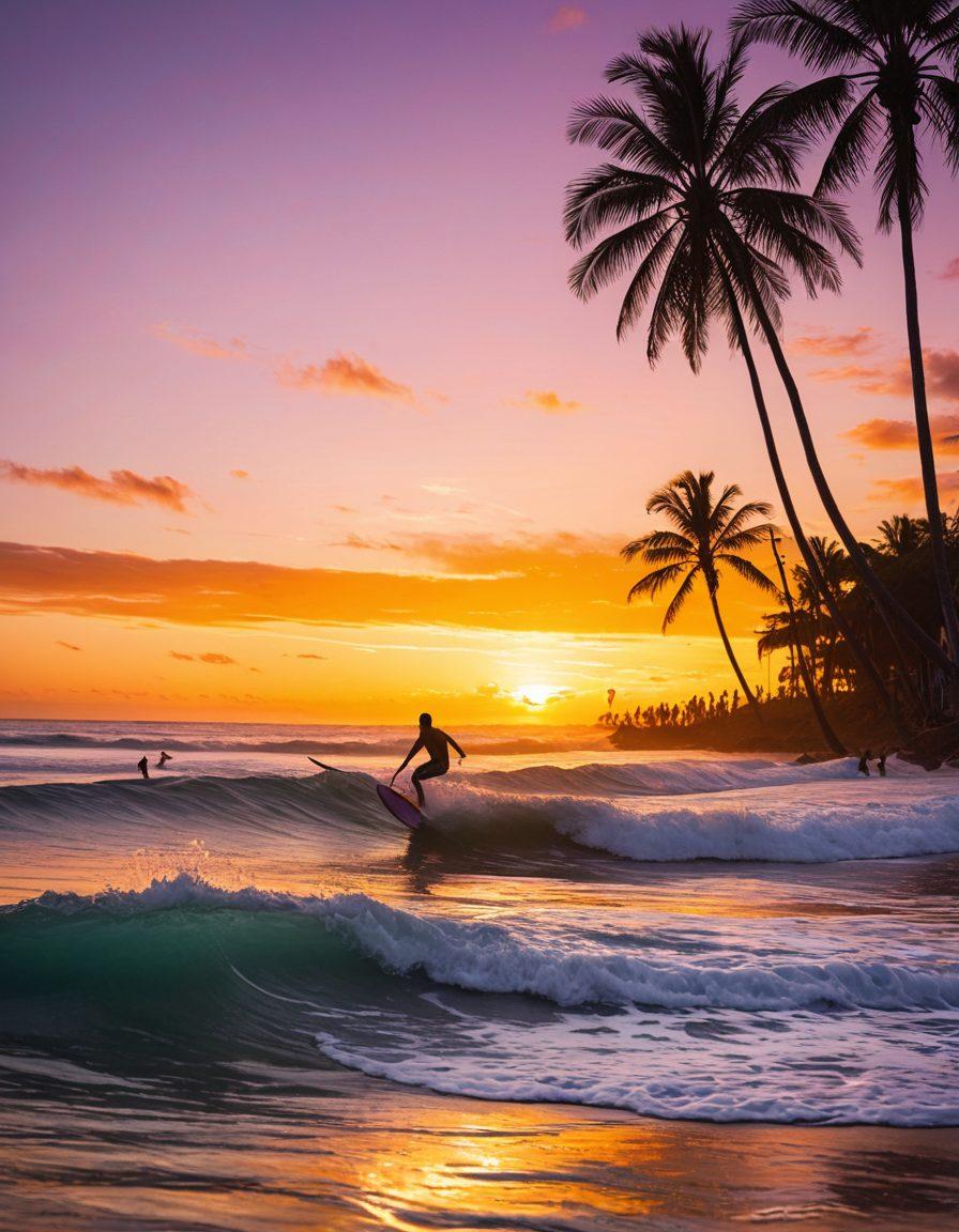 A dynamic scene capturing surfers riding huge, vibrant waves at sunset, with colorful surfboards and enthusiastic onlookers on the beach. Incorporate elements like palm trees and beach umbrellas, alongside a diverse group of surfers showcasing unity and passion. Emphasize the energy of the ocean and the lively atmosphere of surf culture. bright colors. super-realistic.