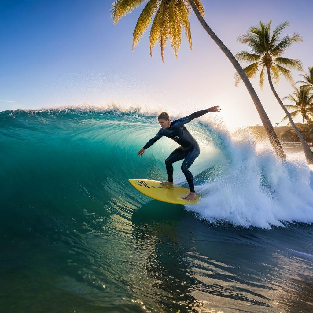 A dynamic scene capturing a surfer expertly riding a massive ocean wave, showcasing various surfing techniques. In the foreground, detailed surfing gear like a high-performance surfboard and wetsuit are prominently featured. The background depicts a vibrant beach with palm trees and clear blue skies, accentuating the thrill of the ocean. Include a hint of sunset colors reflecting off the water for a dramatic effect. super-realistic. vibrant colors. ocean theme.